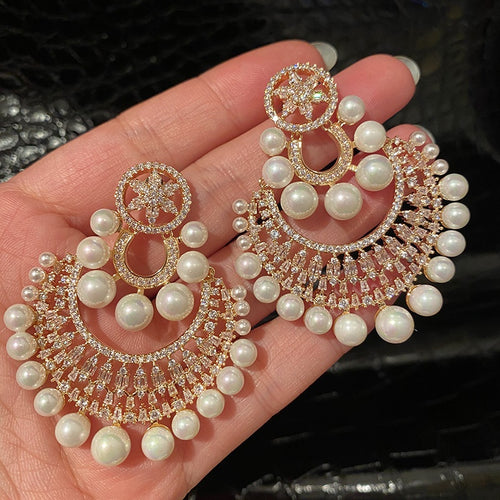Gold Plated Silver Post Zircon Round Faux Pearl Stud Earrings French Vintage Palace Style