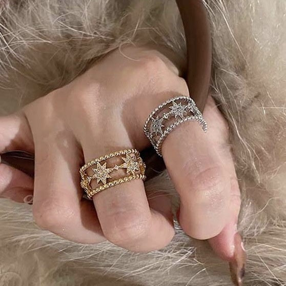 Copper Zircon Double Layer Star Hollow Open Ring Minimalist Elegant Geometric Index Finger Jewelry