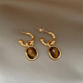 Gold Plated Oval Tiger Eye Stone Stud Earrings With Silver Posts, Maillard Style Women's Jewelry view 3