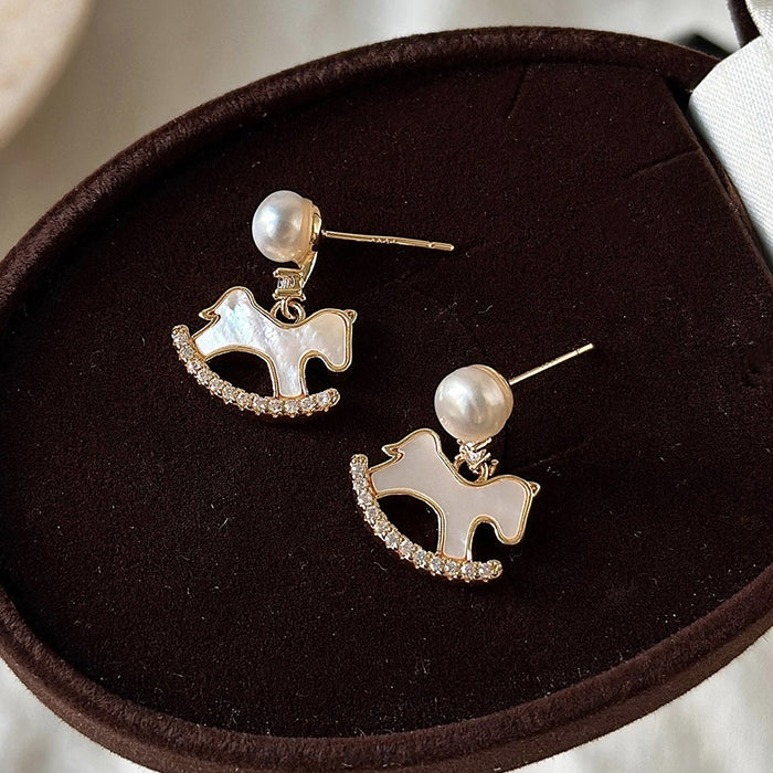 Gold Plated Silver Needle Zircon Horse Faux Pearl Stud Earrings Light Luxury Zodiac Jewelry