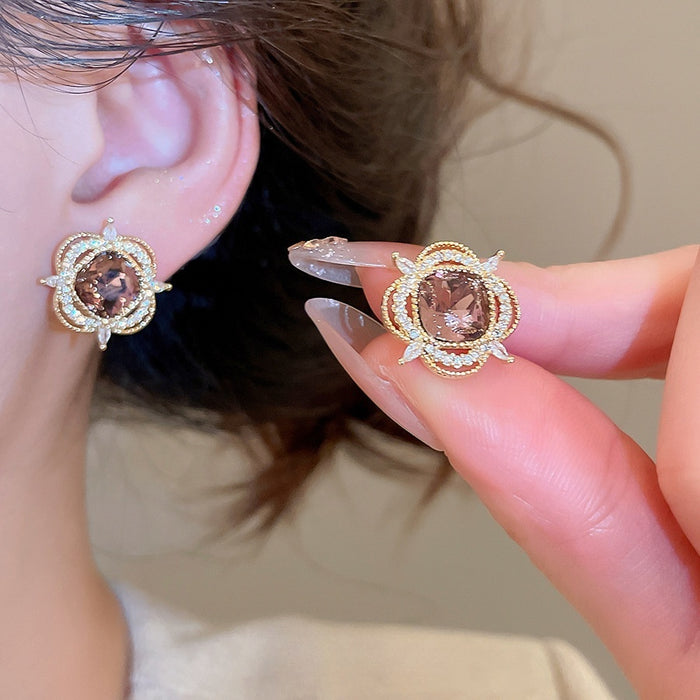 Copper Zircon Flower Stud Earrings Elegant Light Luxury Daily Fashion Jewelry