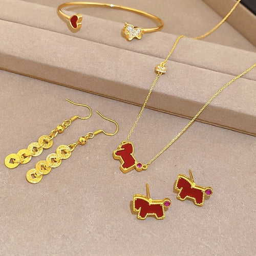 Light Luxury Copper Zircon Horse Jewelry Set With Red Earrings Necklace And Bracelet