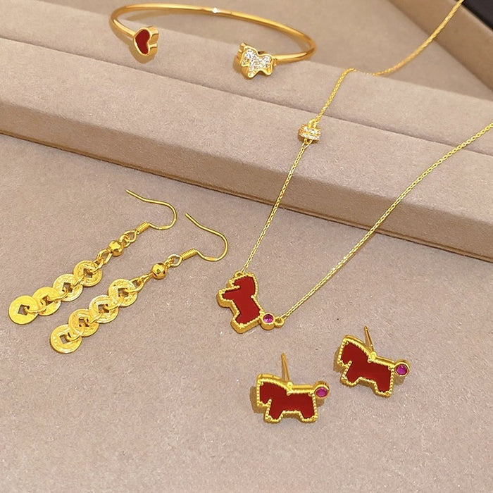 Light Luxury Copper Zircon Horse Jewelry Set With Red Earrings Necklace And Bracelet