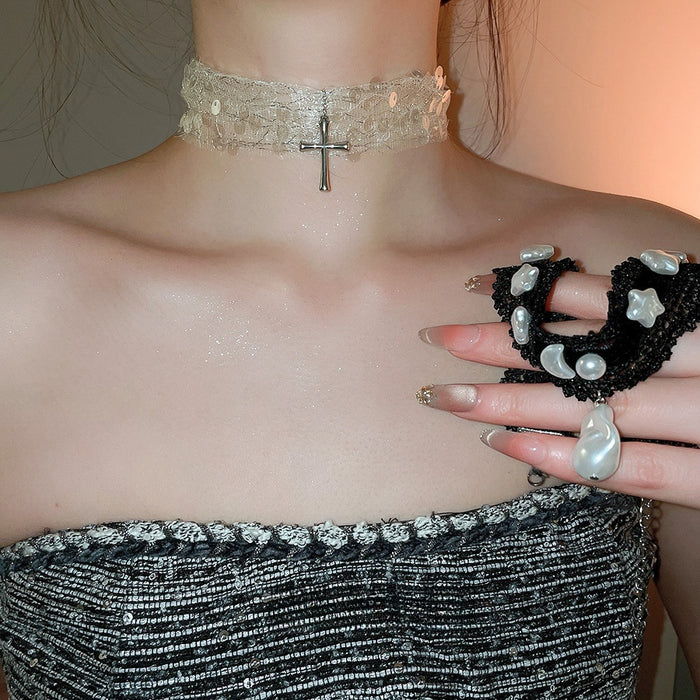 Light Luxury Lace Mesh Cross Faux Pearl Choker Necklace For Women Trendy Collarbone Chain