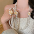 French Vintage Rhinestone Flower Multilayer Faux Pearl Sweater Necklace For Women view 1