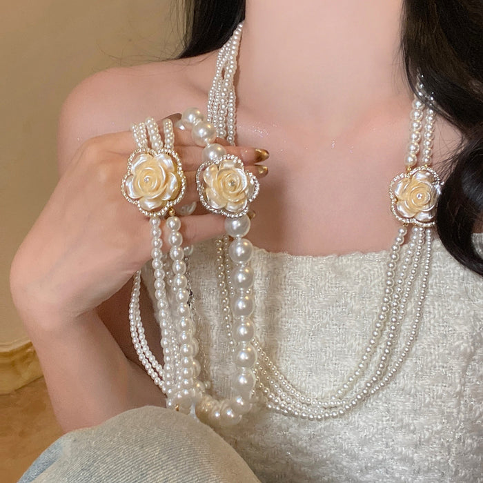 French Vintage Rhinestone Flower Multilayer Faux Pearl Sweater Necklace For Women