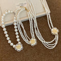 French Vintage Rhinestone Flower Multilayer Faux Pearl Sweater Necklace For Women view 2