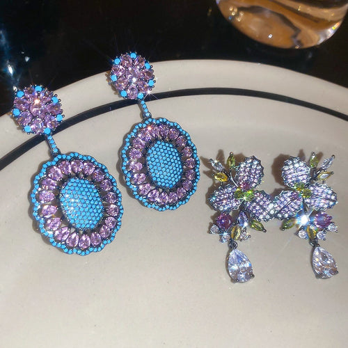 Vintage Copper Floral Teardrop Stud Earrings With Colorful Gemstone Accents