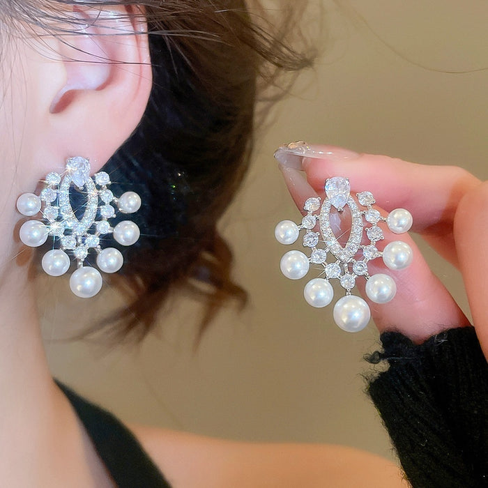 French Vintage Teardrop Faux Pearl Zircon Stud Earrings Chic Palace Style Daily Wear Jewelry