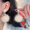 Elegant Bow Plush Pom Pom Drop Earrings With Silver Pins For Women view 2
