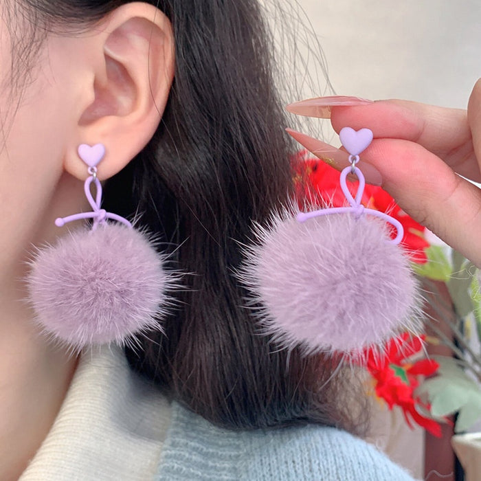 Elegant Bow Plush Pom Pom Drop Earrings With Silver Pins For Women