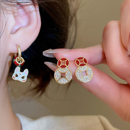 Light Luxury New Chinese Copper Coin Stud Earrings With Zircon Enamel Round Geometric Design