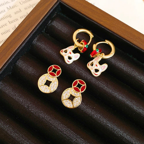 Light Luxury New Chinese Copper Coin Stud Earrings With Zircon Enamel Round Geometric Design
