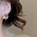 French Retro Coffee Flower Faux Pearl Silver Needle Stud Earrings For Women OL Style view 4