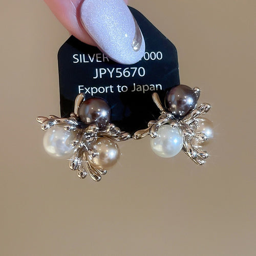 French Retro Coffee Flower Faux Pearl Silver Needle Stud Earrings For Women OL Style