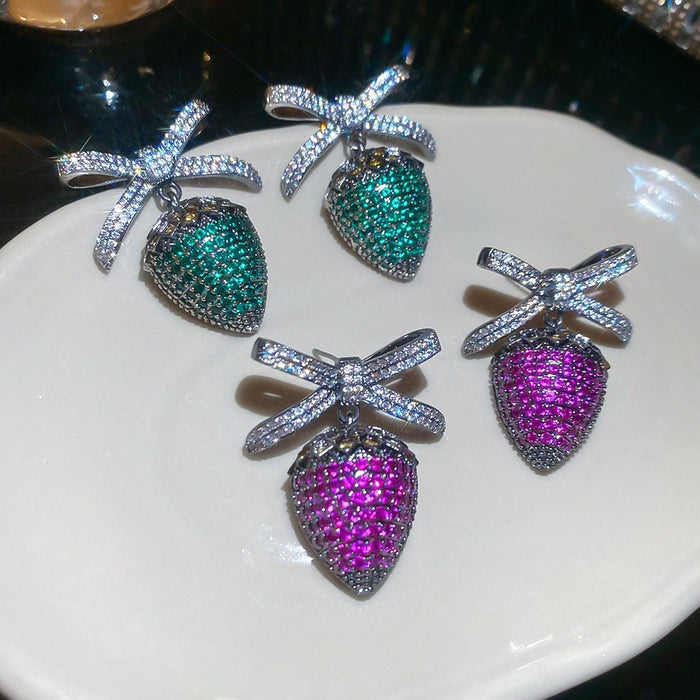 Vintage Copper Bow Strawberry Zircon Stud Earrings With Silver Posts Light Luxury Design