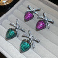 Vintage Copper Bow Strawberry Zircon Stud Earrings With Silver Posts Light Luxury Design view 3