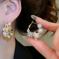 French Vintage Floral Rhinestone Faux Pearl Hoop Earrings Light Luxury Elegant Drop Jewelry view 2