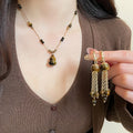 Maillard Vintage Zircon Tiger Eye Gourd Tassel Necklace Earrings Jewelry Set for Women view 3