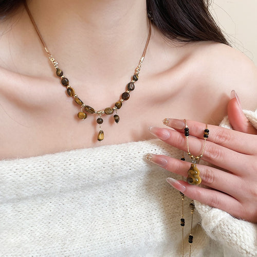 Maillard Vintage Zircon Tiger Eye Gourd Tassel Necklace Earrings Jewelry Set for Women