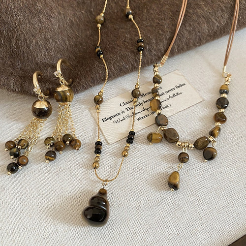 Maillard Vintage Zircon Tiger Eye Gourd Tassel Necklace Earrings Jewelry Set for Women