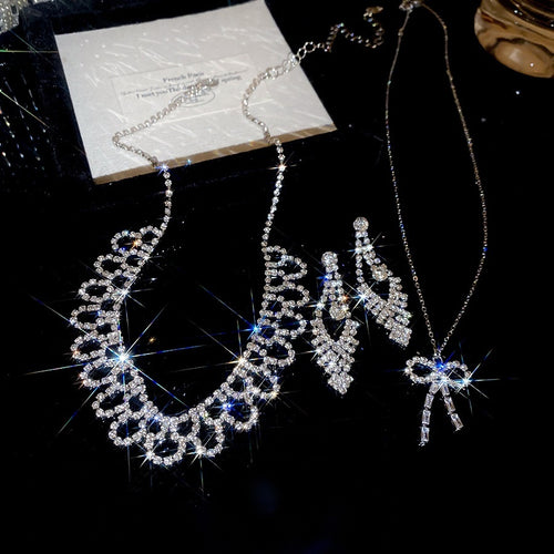 Light Luxury Copper Rhinestone Bow Necklace And Stud Earrings Jewelry Set For Women