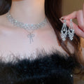 Light Luxury Copper Rhinestone Bow Necklace And Stud Earrings Jewelry Set For Women view 1