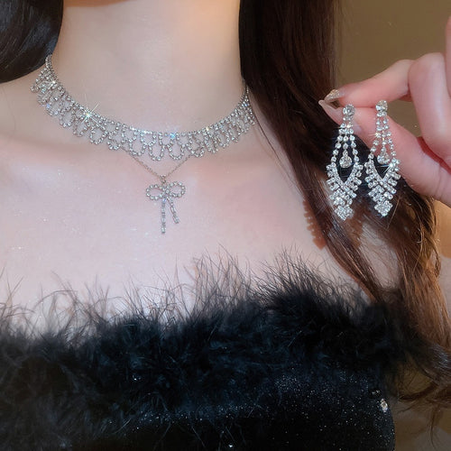 Light Luxury Copper Rhinestone Bow Necklace And Stud Earrings Jewelry Set For Women