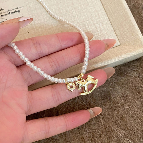 Light Luxury Faux Pearl Zircon Horse Pendant Necklace For Women Zodiac Clavicle Chain