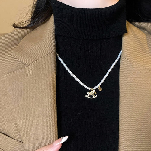 Light Luxury Faux Pearl Zircon Horse Pendant Necklace For Women Zodiac Clavicle Chain