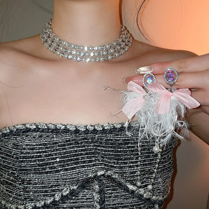 Rhinestone Bow Faux Pearl Necklace And Earrings Jewelry Set For Women Sweet Elegant Style