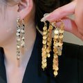 Gold Plated Copper Round Disc Tassel Drop Earrings With Silver Posts, Luxury Western Style view 2