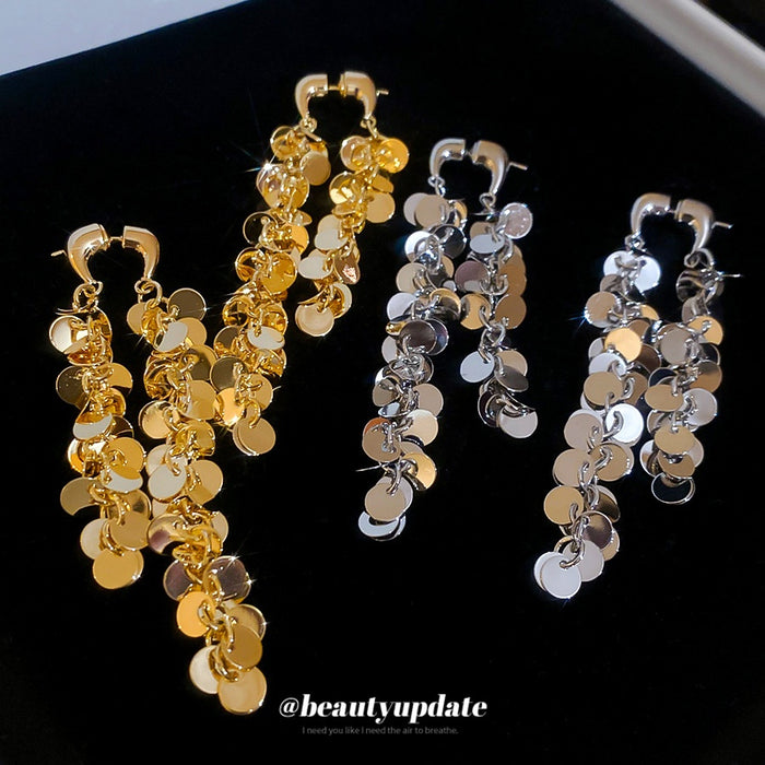 Gold Plated Copper Round Disc Tassel Drop Earrings With Silver Posts, Luxury Western Style