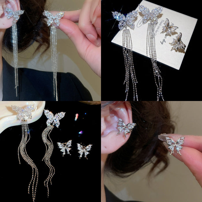 Light Luxury Copper Zircon Butterfly Tassel Clip-on Earrings For Non-Pierced Ears