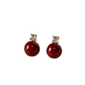Red Round Resin Zircon Stud Earrings With Silver Posts Vintage OL Fashion Geometric Jewelry view 5