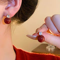 Red Round Resin Zircon Stud Earrings With Silver Posts Vintage OL Fashion Geometric Jewelry view 2