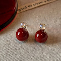 Red Round Resin Zircon Stud Earrings With Silver Posts Vintage OL Fashion Geometric Jewelry view 1