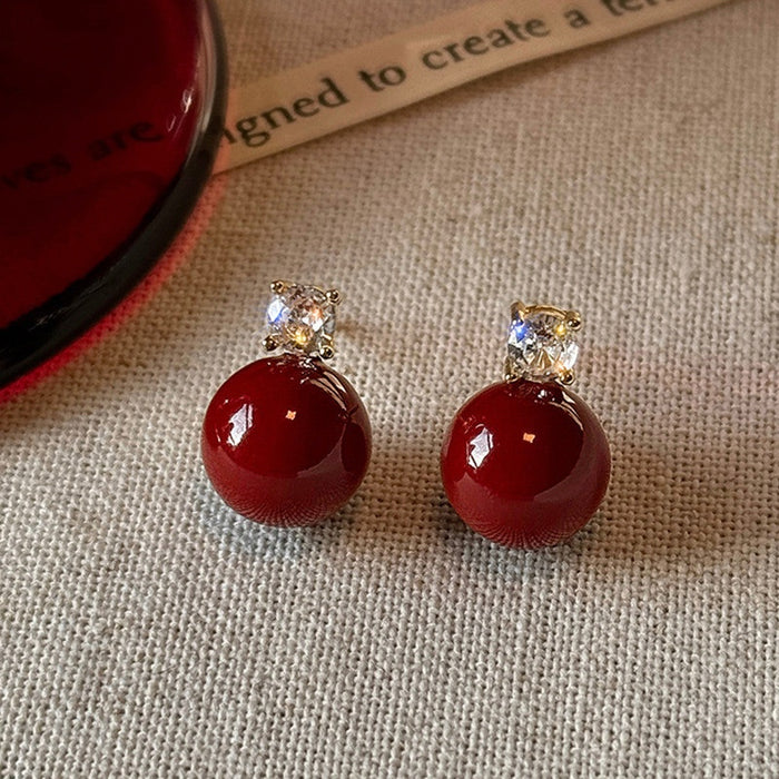 Red Round Resin Zircon Stud Earrings With Silver Posts Vintage OL Fashion Geometric Jewelry