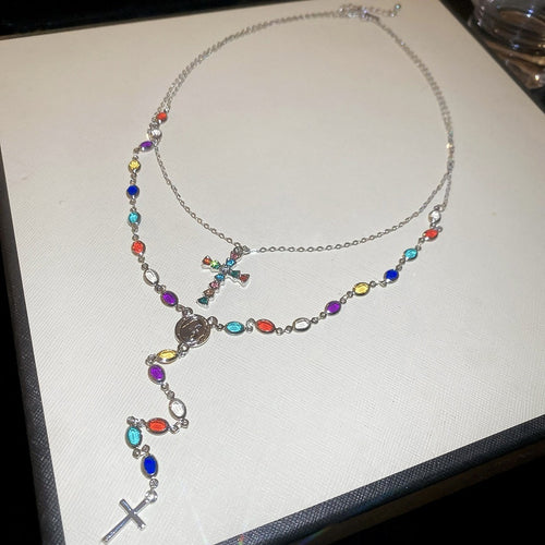 Alloy Rhinestone Cross Portrait Double Layer Old Money Sweater Necklace For Women