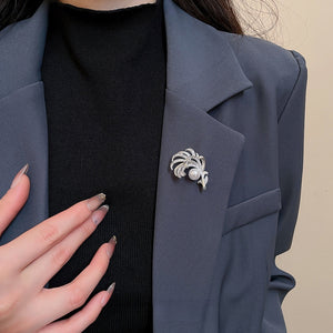 Light Luxury Copper Zircon Feather Pearl Brooch, Elegant Geometric Apparel Accessory