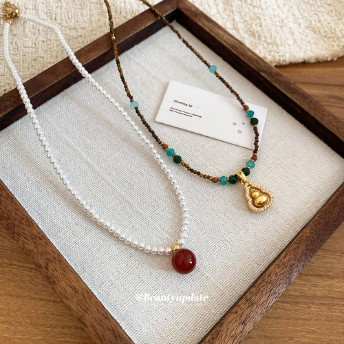 Ethnic Style Copper Zircon Tiger Eye Gourd Pendant Sweater Necklace New Chinese Geometric Collarbone Chain