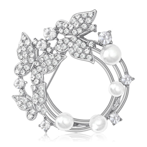 Alloy Enamel Rhinestone Bow Brooch With Pearl Wreath Accent