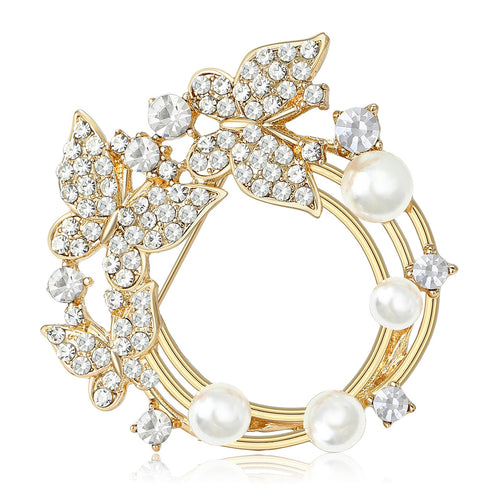 Alloy Enamel Rhinestone Bow Brooch With Pearl Wreath Accent