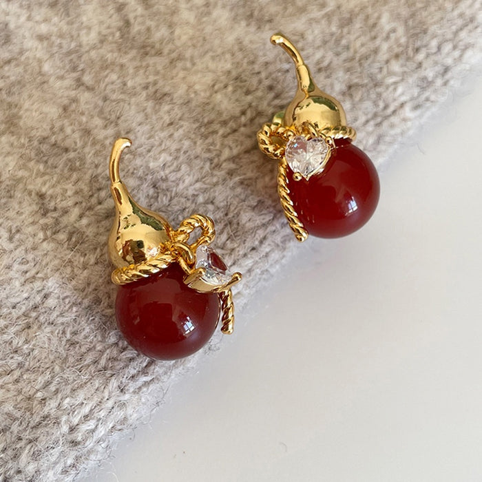Gold Plated Zircon Acrylic Gourd Stud Earrings New Chinese Style Light Luxury Jewelry