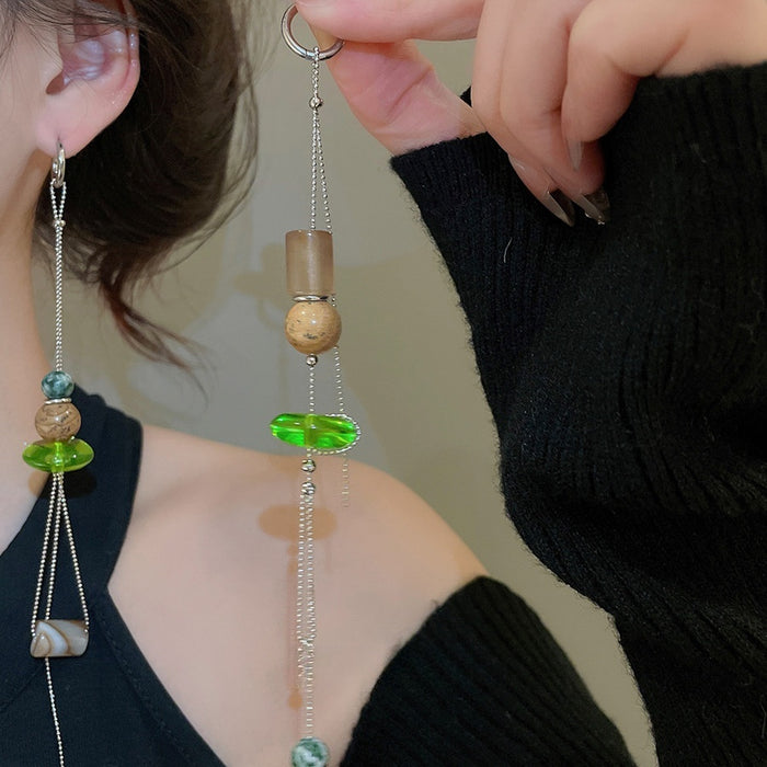 Ethnic Vintage Resin Round Asymmetric Tassel Drop Earrings With Geometric Ear Cuff Design