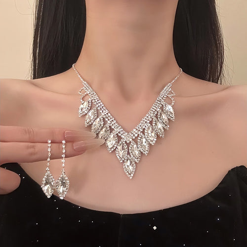 Iron Rhinestone Waterdrop Tassel Stud Earrings Necklace Jewelry Set Court Style Elegant Fashion
