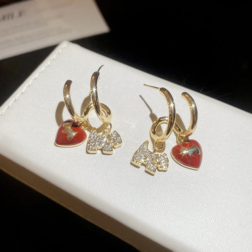Gold Plated Copper Zircon Enamel Heart Puppy Stud Earrings Chic Vintage Light Luxury Jewelry