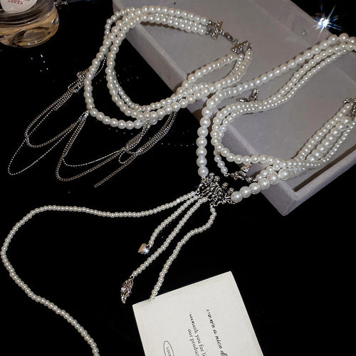 Light Luxury Geometric Chain Faux Pearl Tassel Choker Necklace For Women