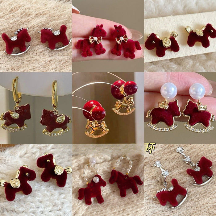 Silver Needle Zodiac Horse Faux Pearl Stud Earrings For Women New Chinese Vintage Light Luxury Style