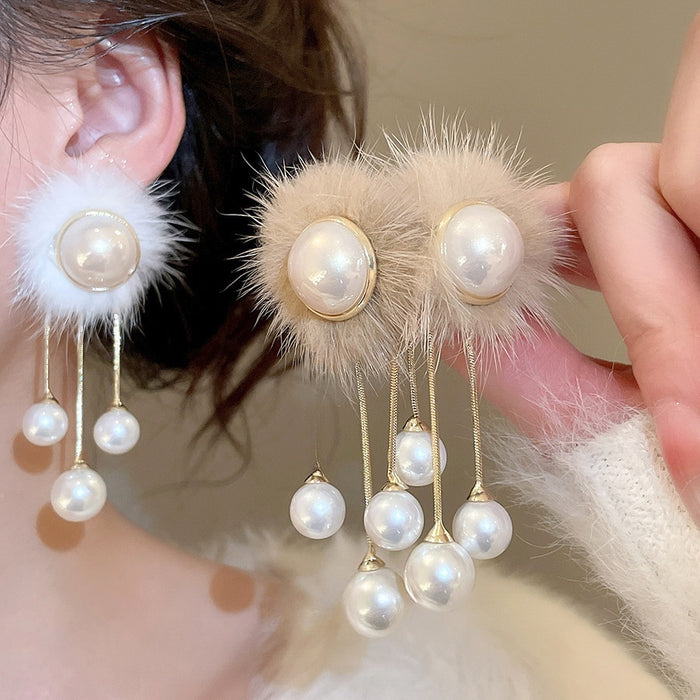 Faux Pearl Pom Pom Tassel Drop Earrings With Silver Pin, Simple Round Geometric Light Luxury Style